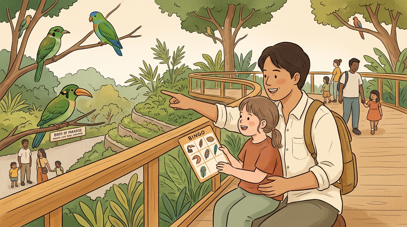 Cartoon illustration of a parent and child at home doing Bird Feature Bingo.