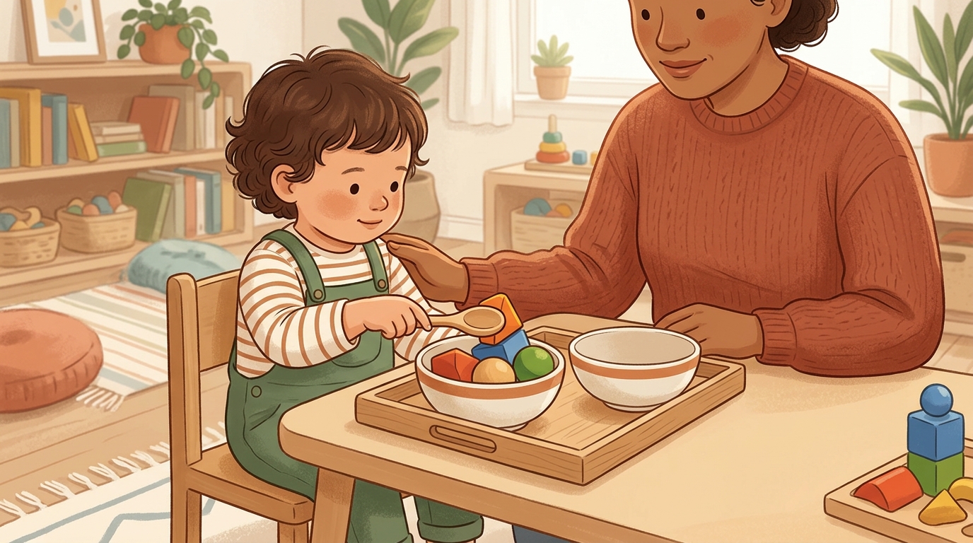 Cartoon illustration of a parent and child at home doing Spoon Transfer Tray.