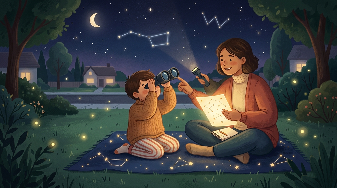 Cartoon illustration of a parent and child at home doing Map the Night Sky.