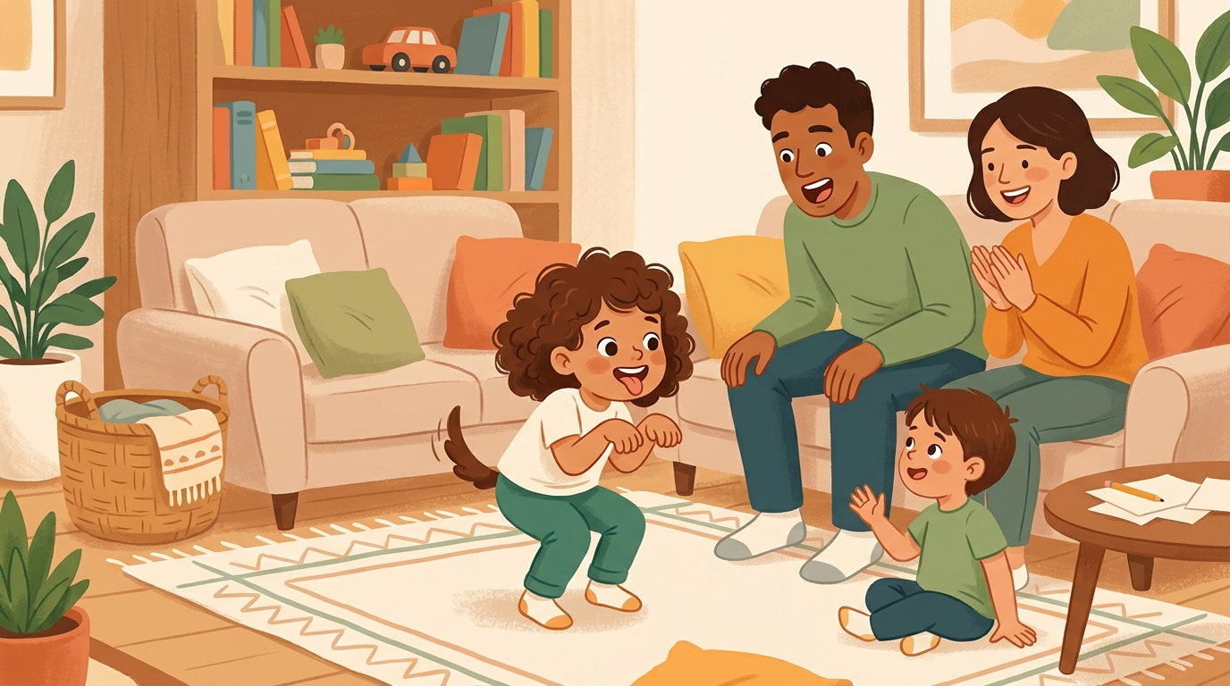Cartoon illustration of a parent and child at home doing Family Charades.