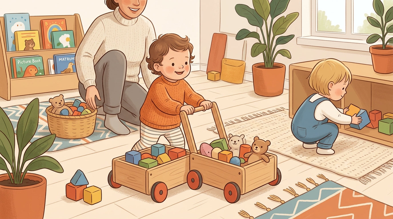 Cartoon illustration of a parent and child at home doing Loading Trolley Run.