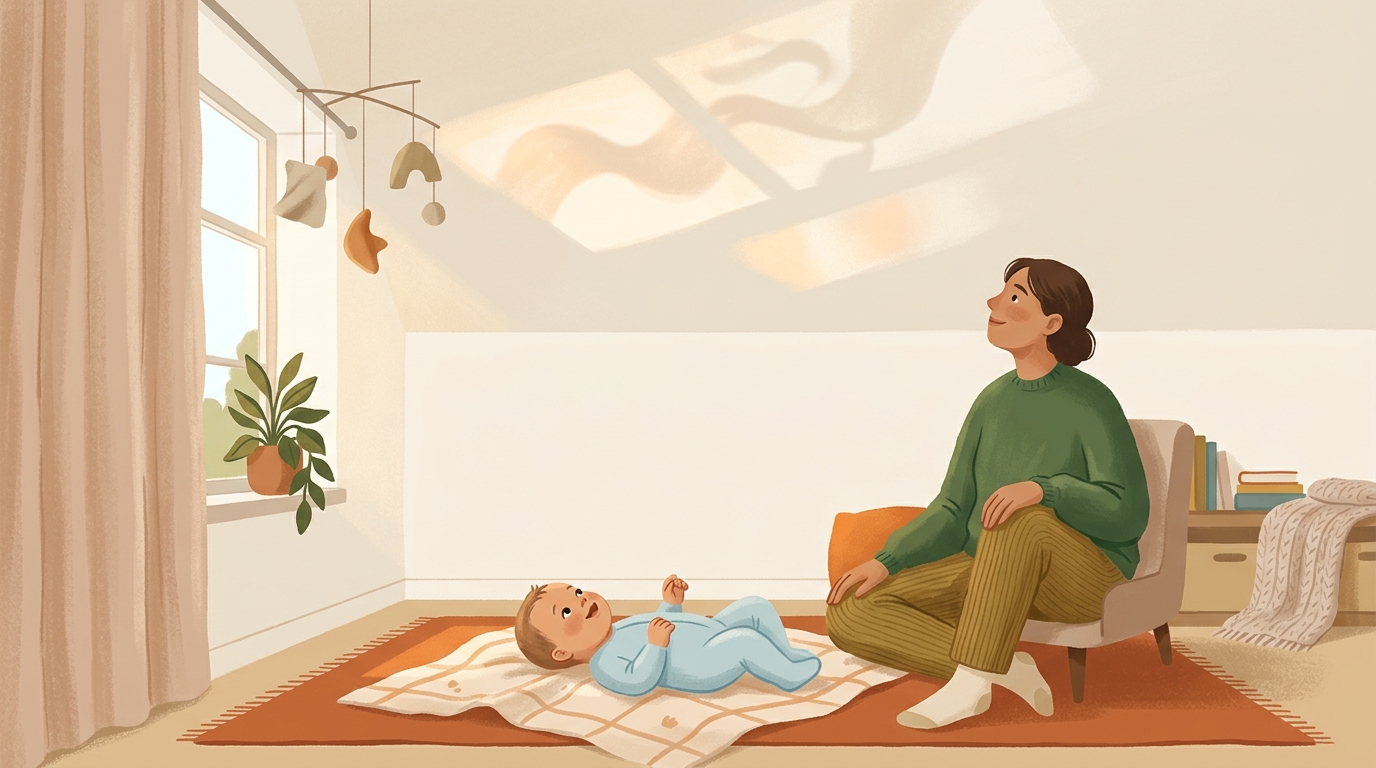 Cartoon illustration of a parent and child at home doing Light and Shadow Watch.