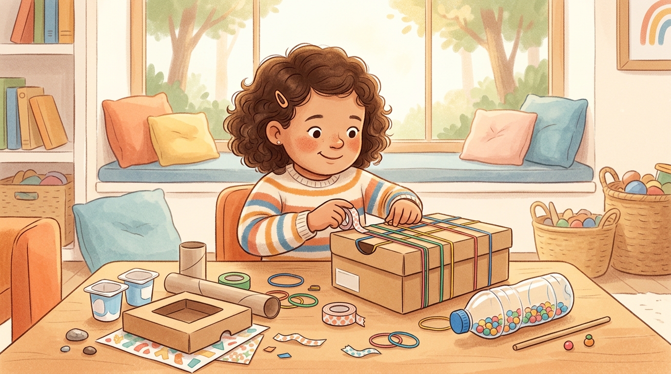 Cartoon illustration of a parent and child at home doing Invent an Instrument.