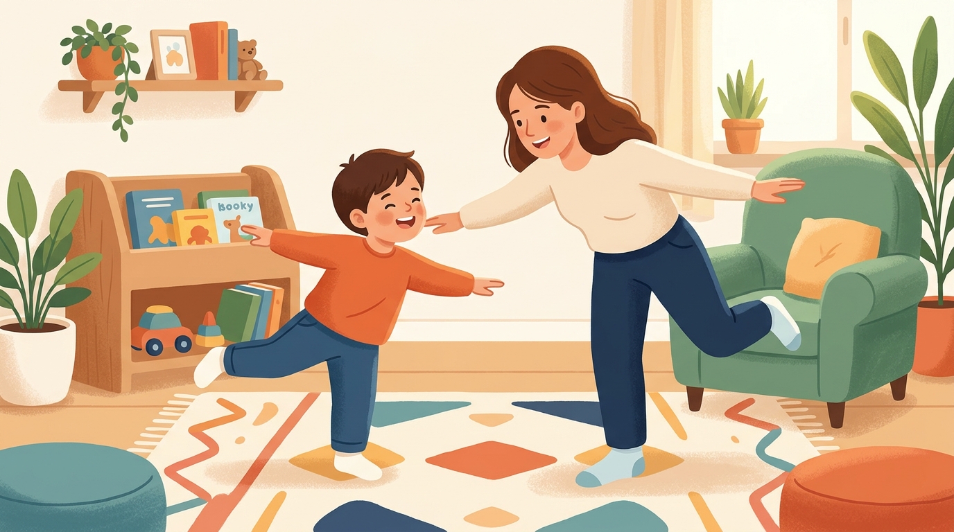 Cartoon illustration of a parent and child at home doing Cooperative Movement Challenge.