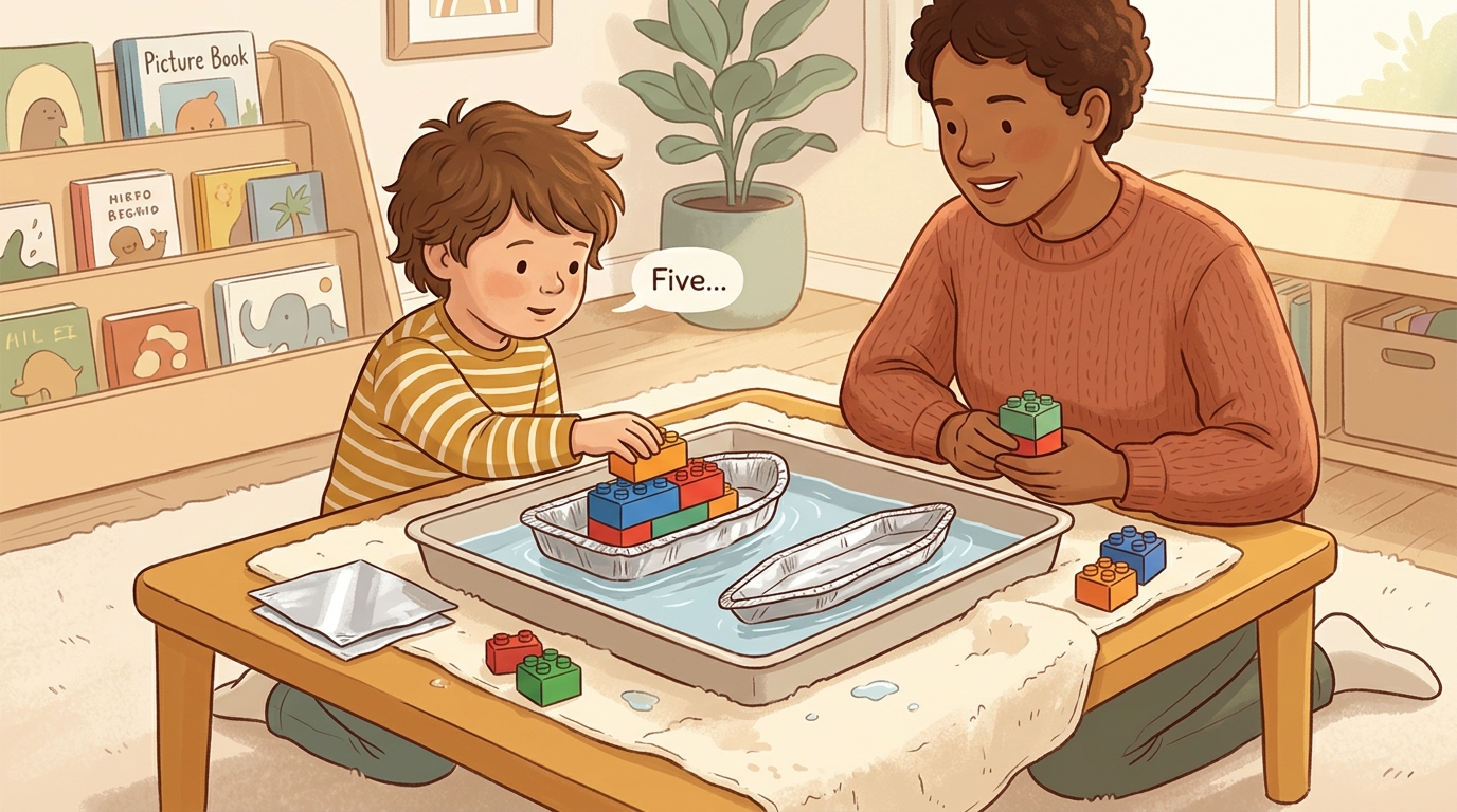 Cartoon illustration of a parent and child at home doing Foil Boat Cargo Test.