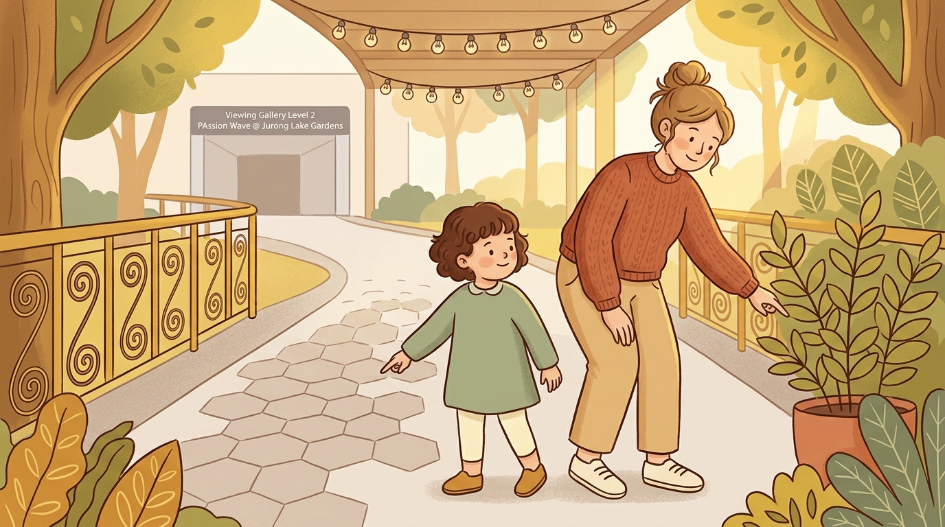 Cartoon illustration of a parent and child at home doing Pattern Walk Spotter.