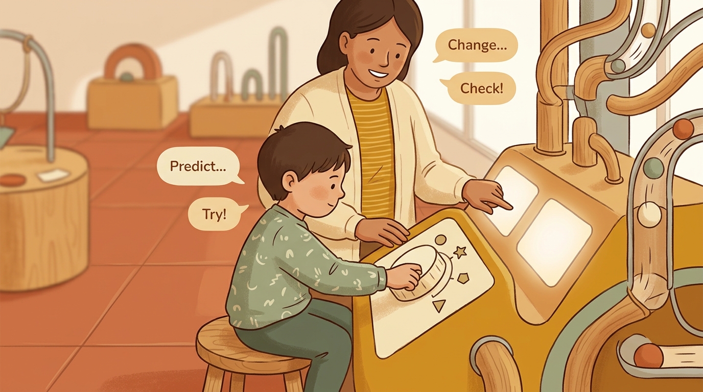 Cartoon illustration of a parent and child at home doing You Predict I Try.