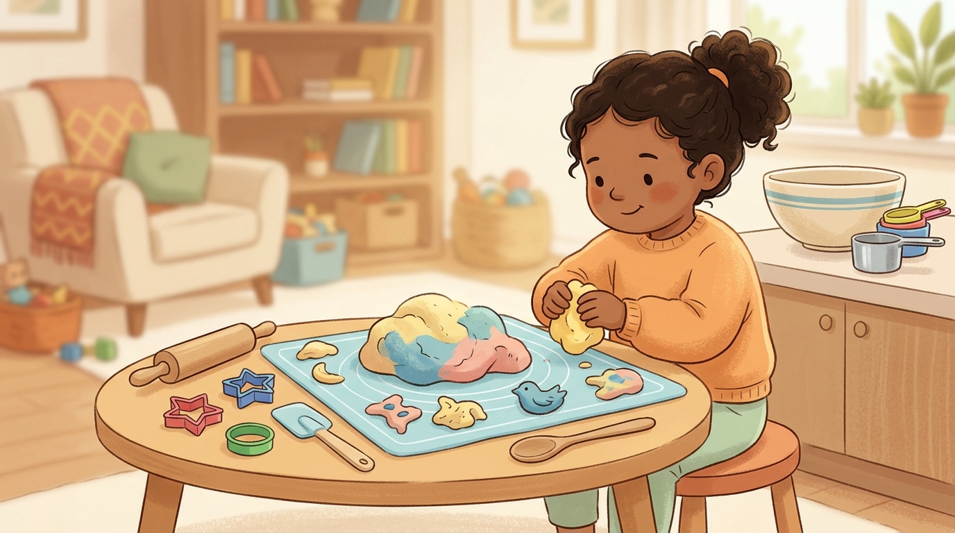 Cartoon illustration of a parent and child at home: making and playing with homemade playdough.
