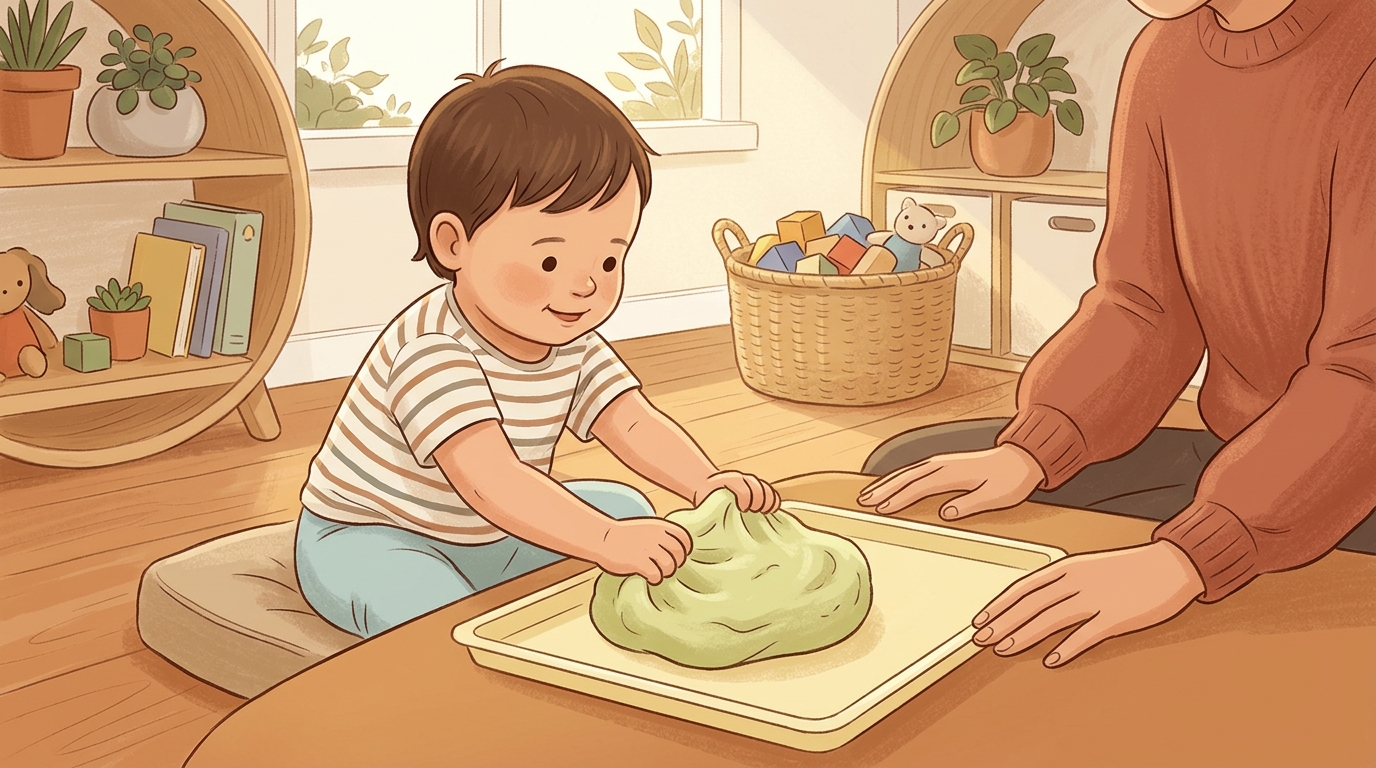 Cartoon illustration of a parent and child at home doing First Dough Squish.