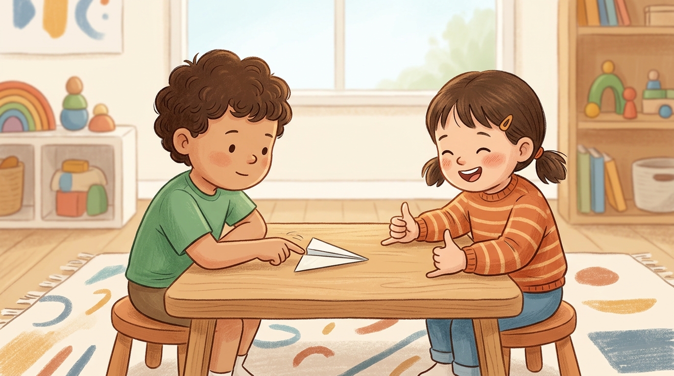 Cartoon illustration of a parent and child at home doing Paper Football.