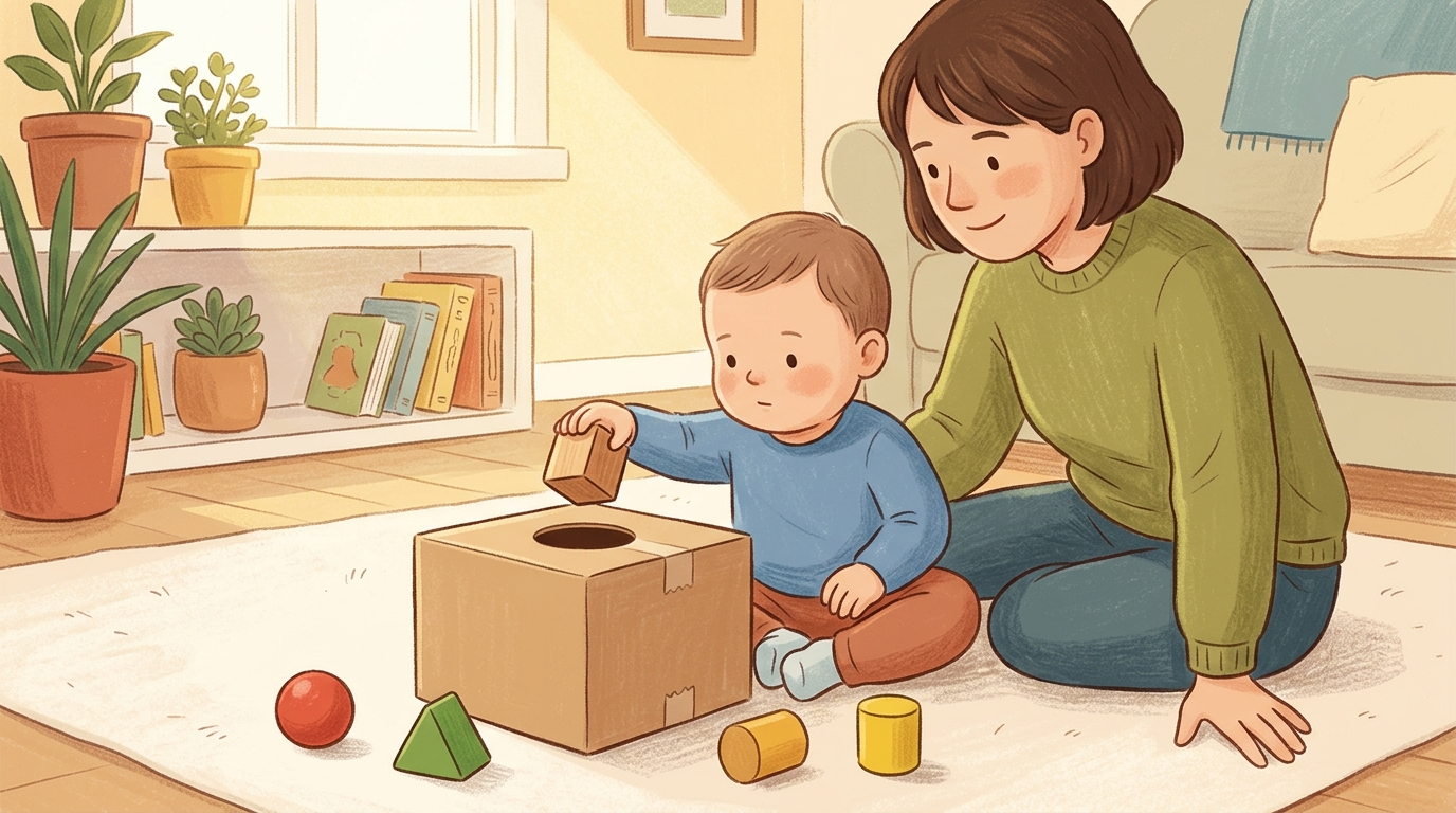 Cartoon illustration of a parent and child at home doing Posting Box.