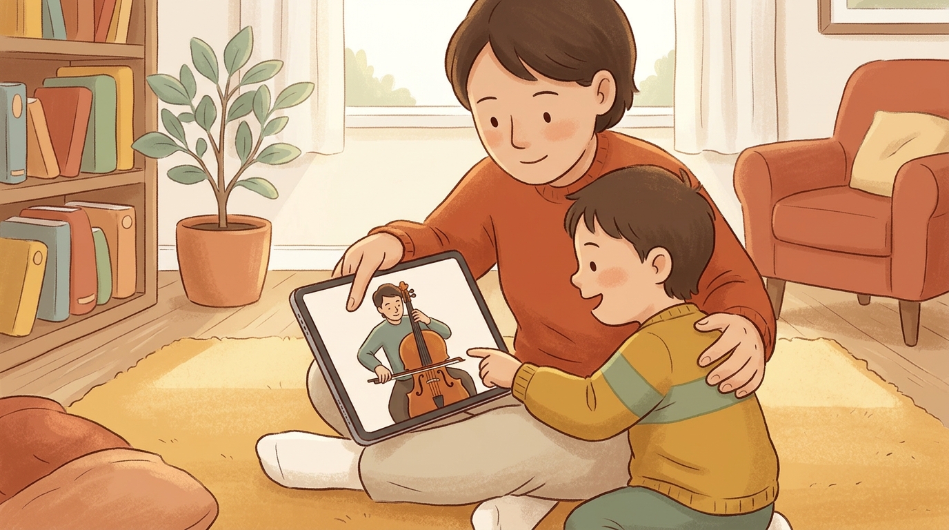Cartoon illustration of a parent and child at home doing Cello Hands First Look.