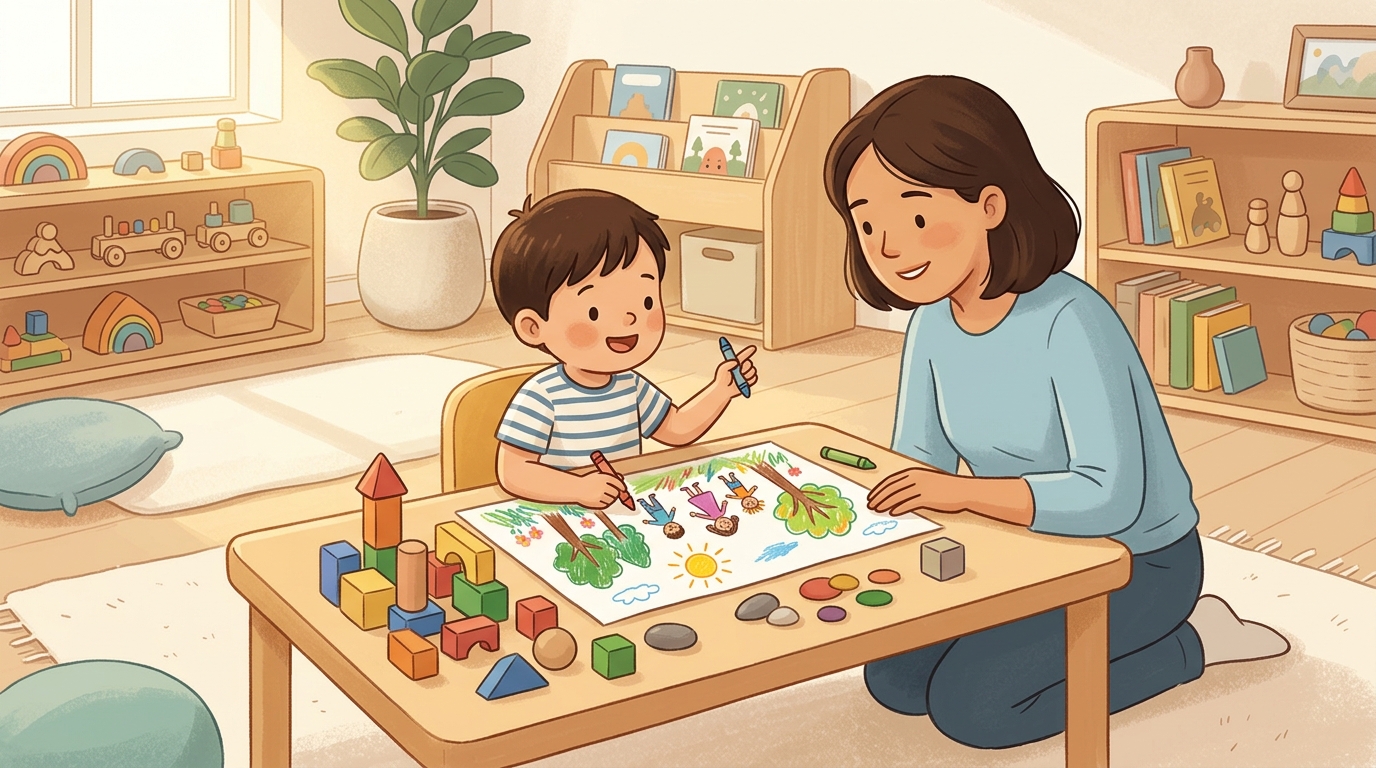 Cartoon illustration of a parent and child at home doing Draw It, Then Say It.