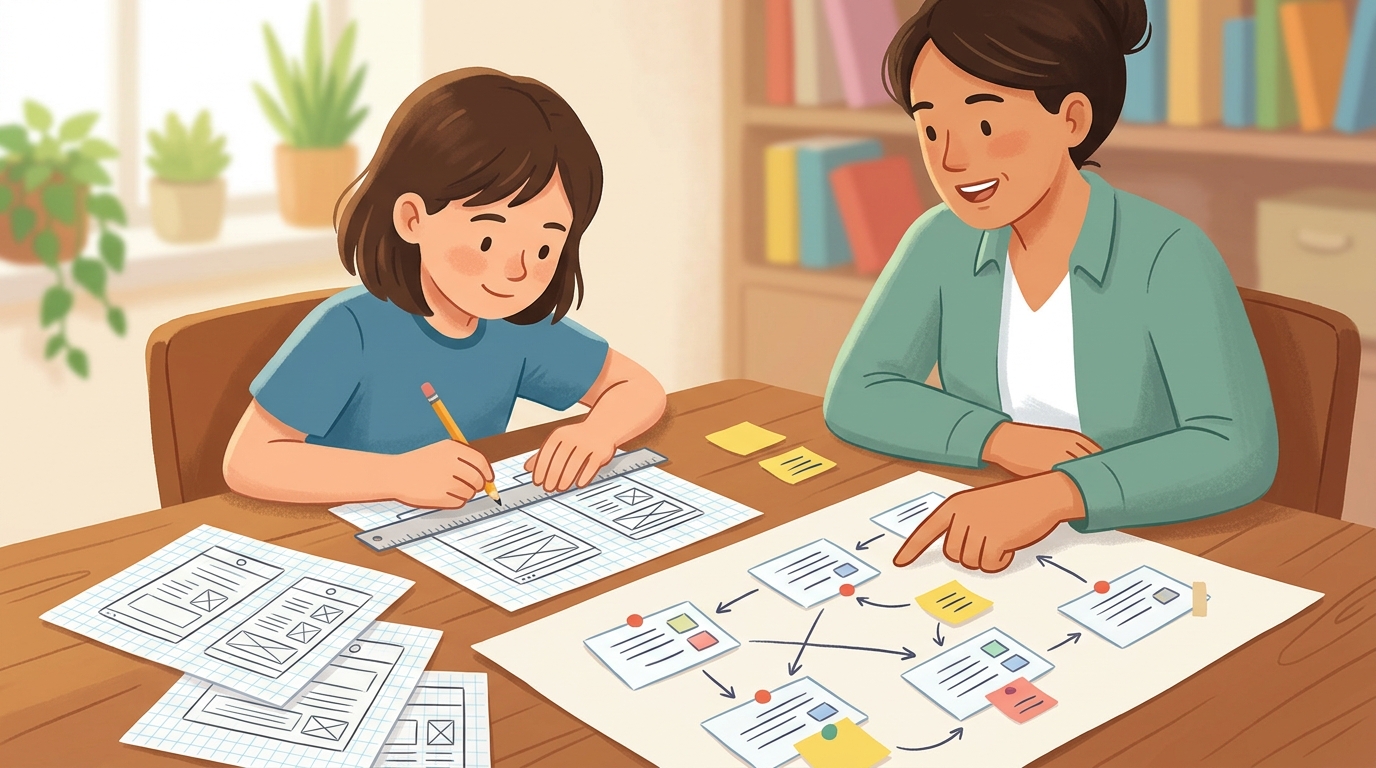 Cartoon illustration of a parent and child at home: teen sketches and plans the full layout of a website idea before ever touching code.