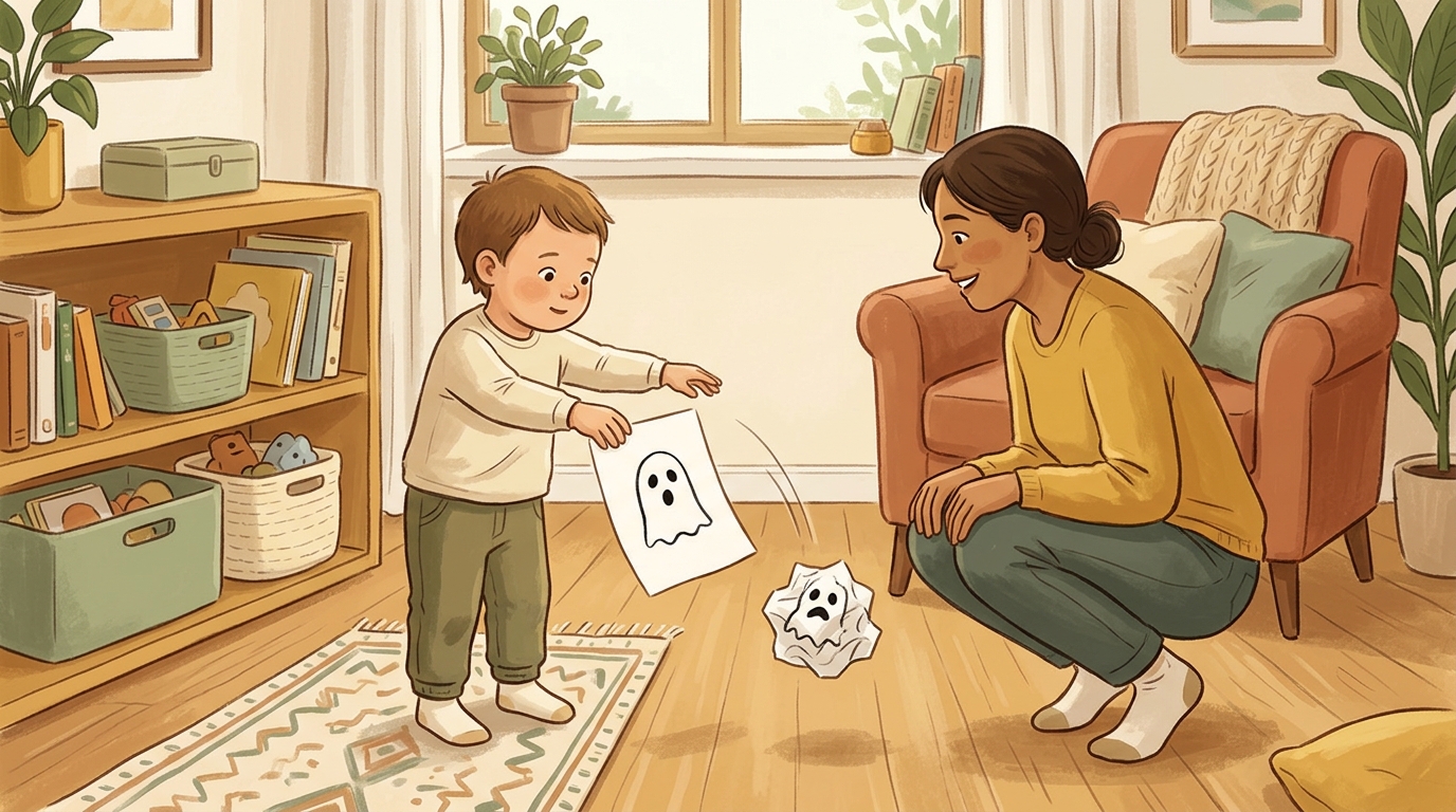 Cartoon illustration of a parent and child at home doing Paper Ghost Drop Race.