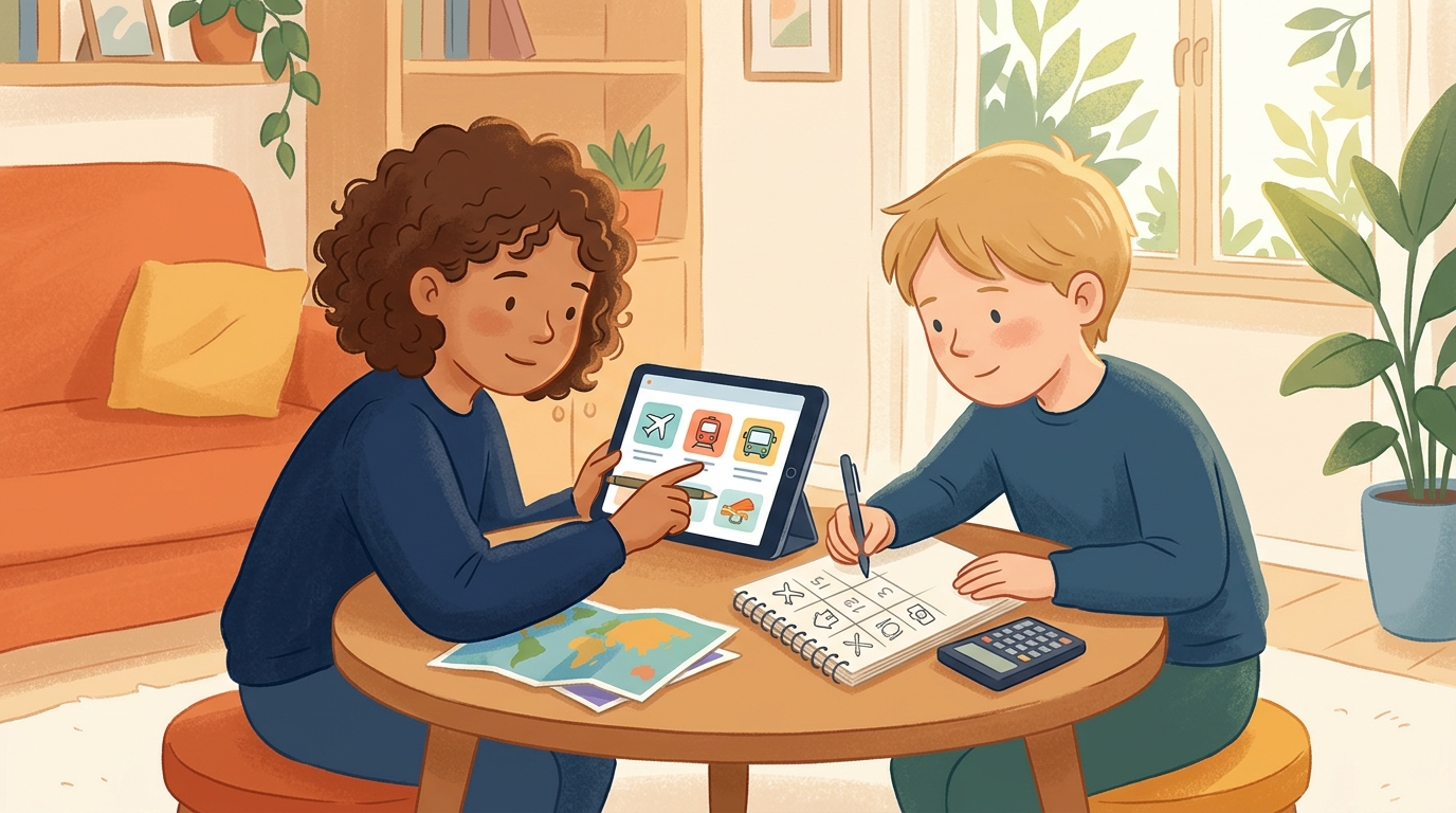 Cartoon illustration of a parent and child at home doing Plan a Dream Trip Budget.