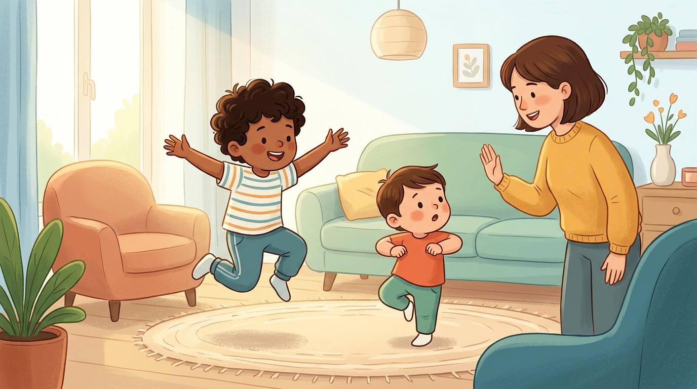 Cartoon illustration of a parent and child at home doing Freeze and Plan Movement.