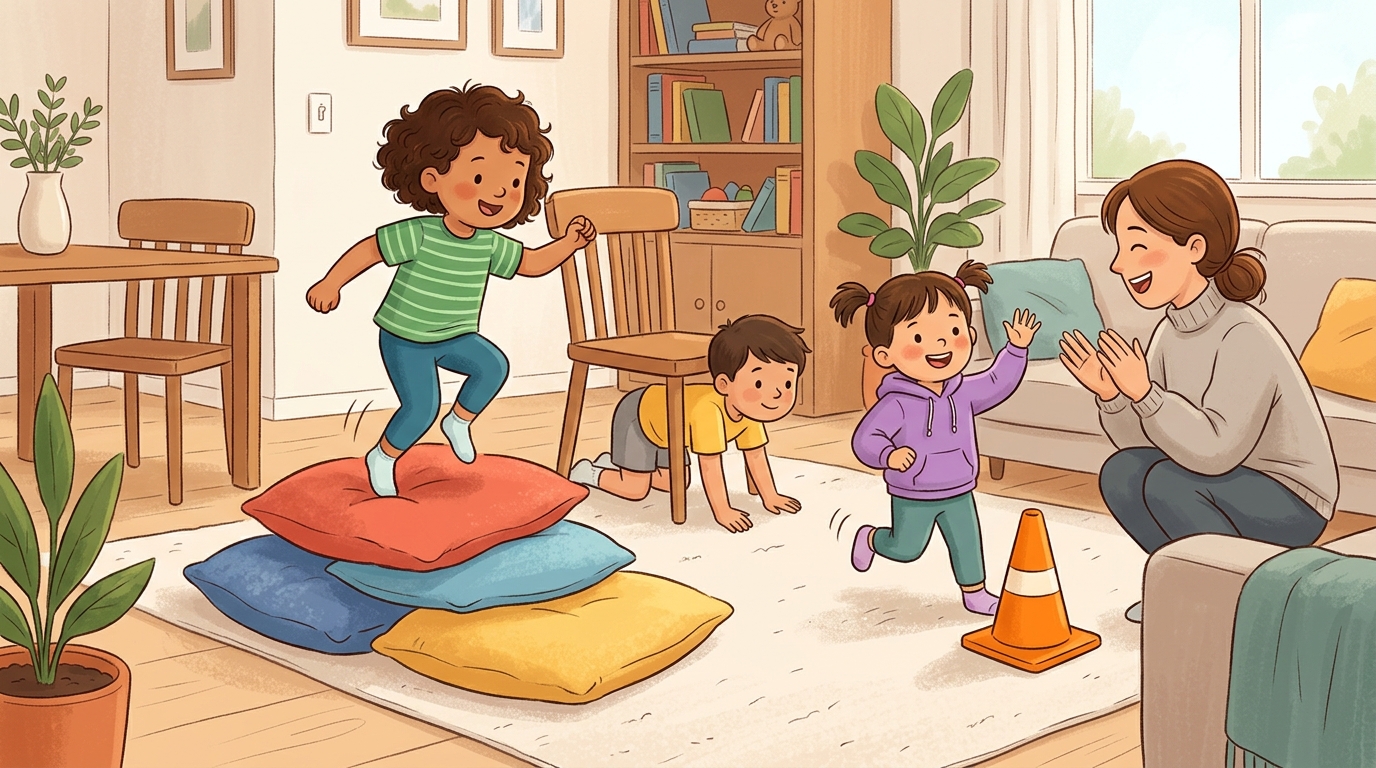 Cartoon illustration of a parent and child at home doing Obstacle Relay.