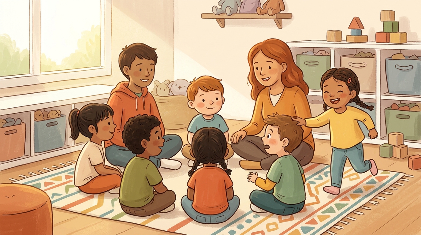 Cartoon illustration of a parent and child at home doing Duck Duck Goose.