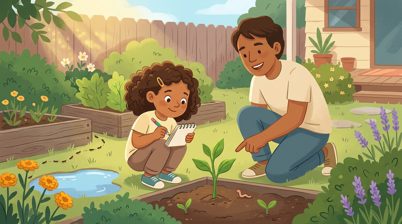 Cartoon illustration of a parent and child outdoors doing Backyard Hypothesis Notebook.