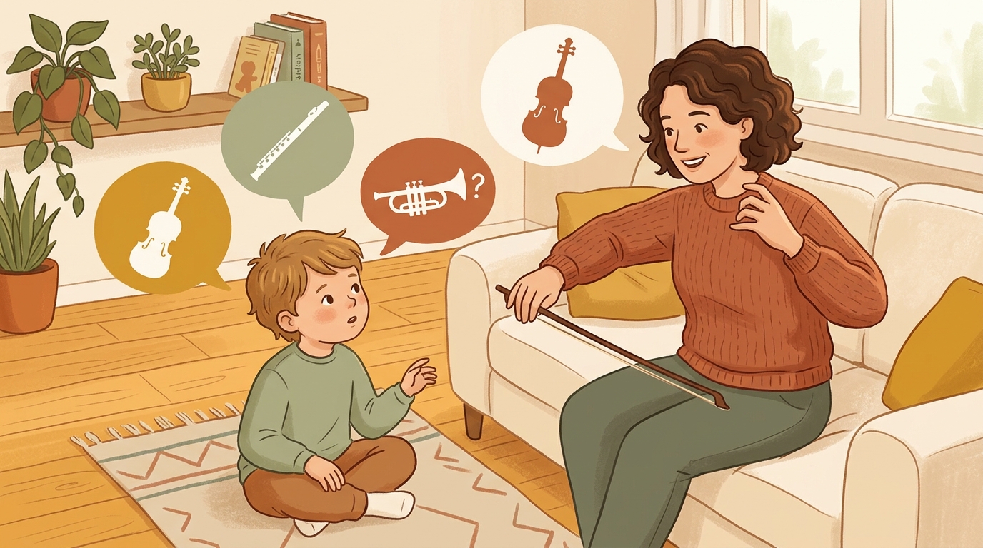 Cartoon illustration of a parent and child at home doing Invisible Instrument Swap.