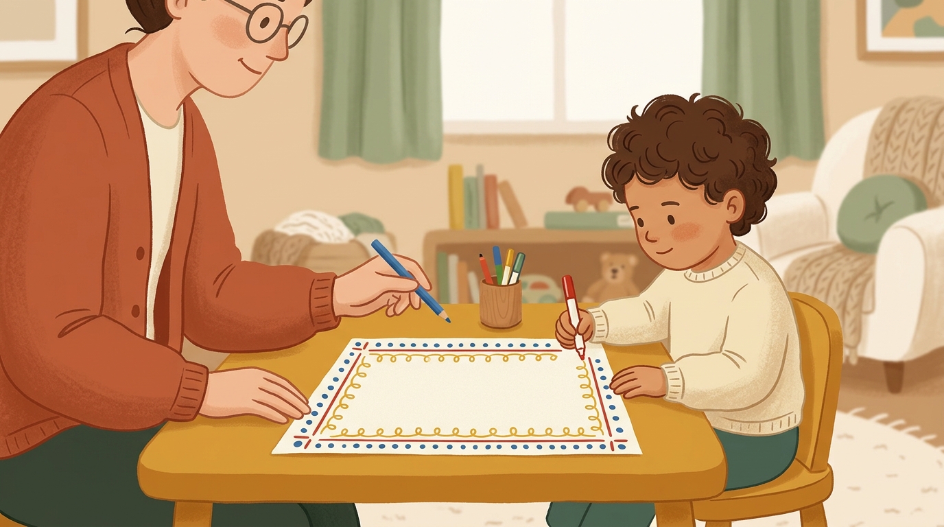 Cartoon illustration of a parent and child at home doing Two Pencils One Border.