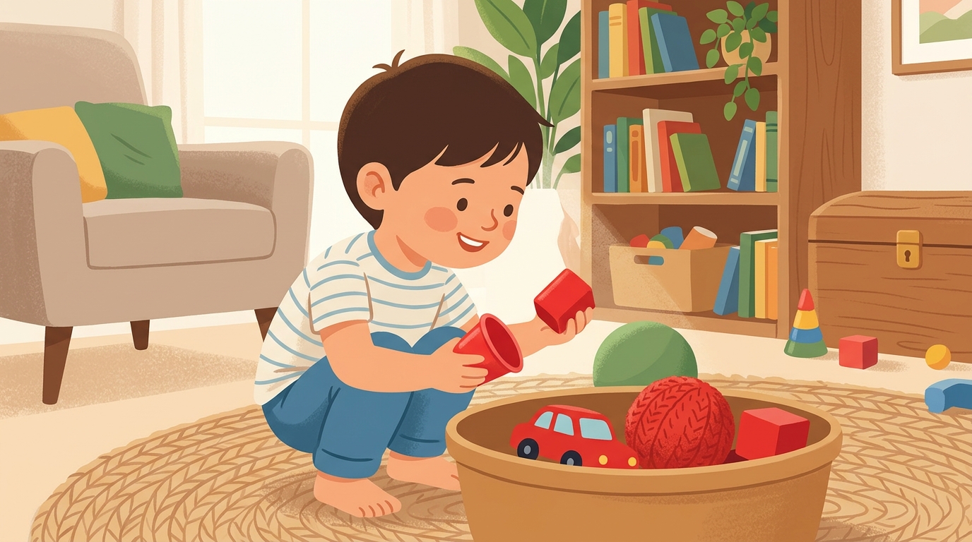 Cartoon illustration of a parent and child at home doing Color Hunt Around the House.