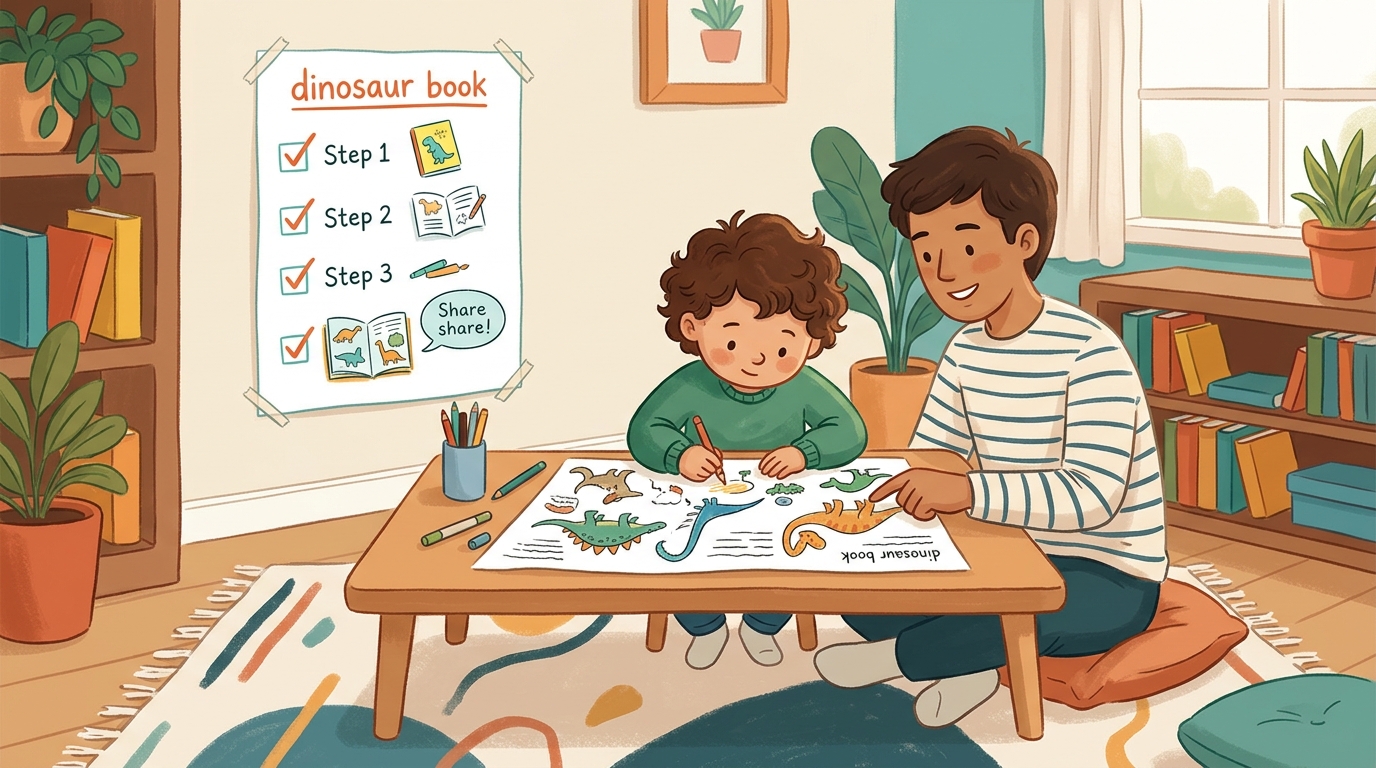 Cartoon illustration of a parent and child at home doing Mini Passion Project.