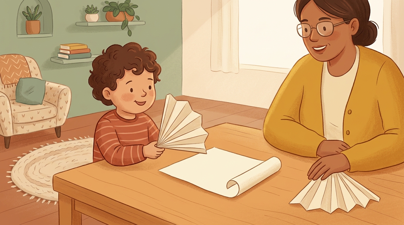 Cartoon illustration of a parent and child at home doing Make Wind Move Paper.