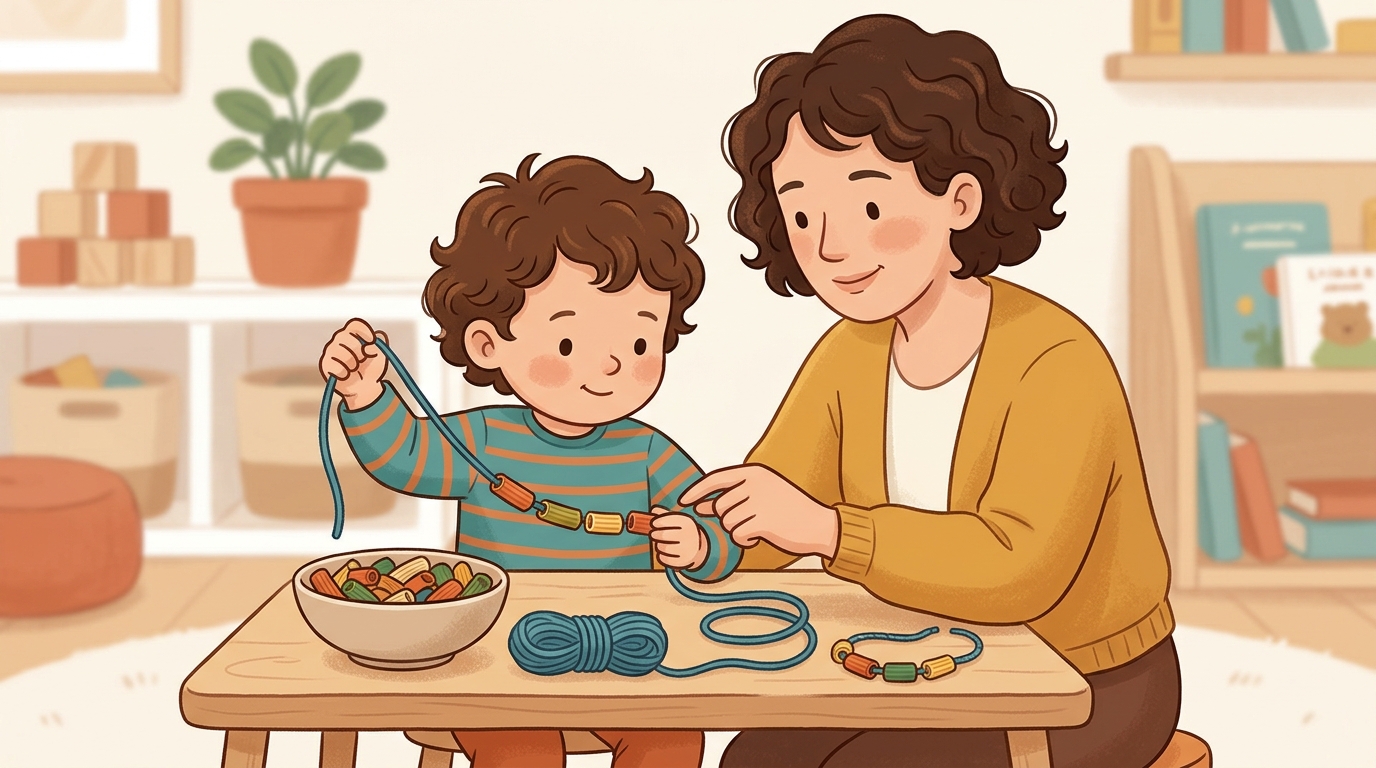Cartoon illustration of a parent and child at home: provide tube-shaped dry pasta and a piece of string or shoelace.