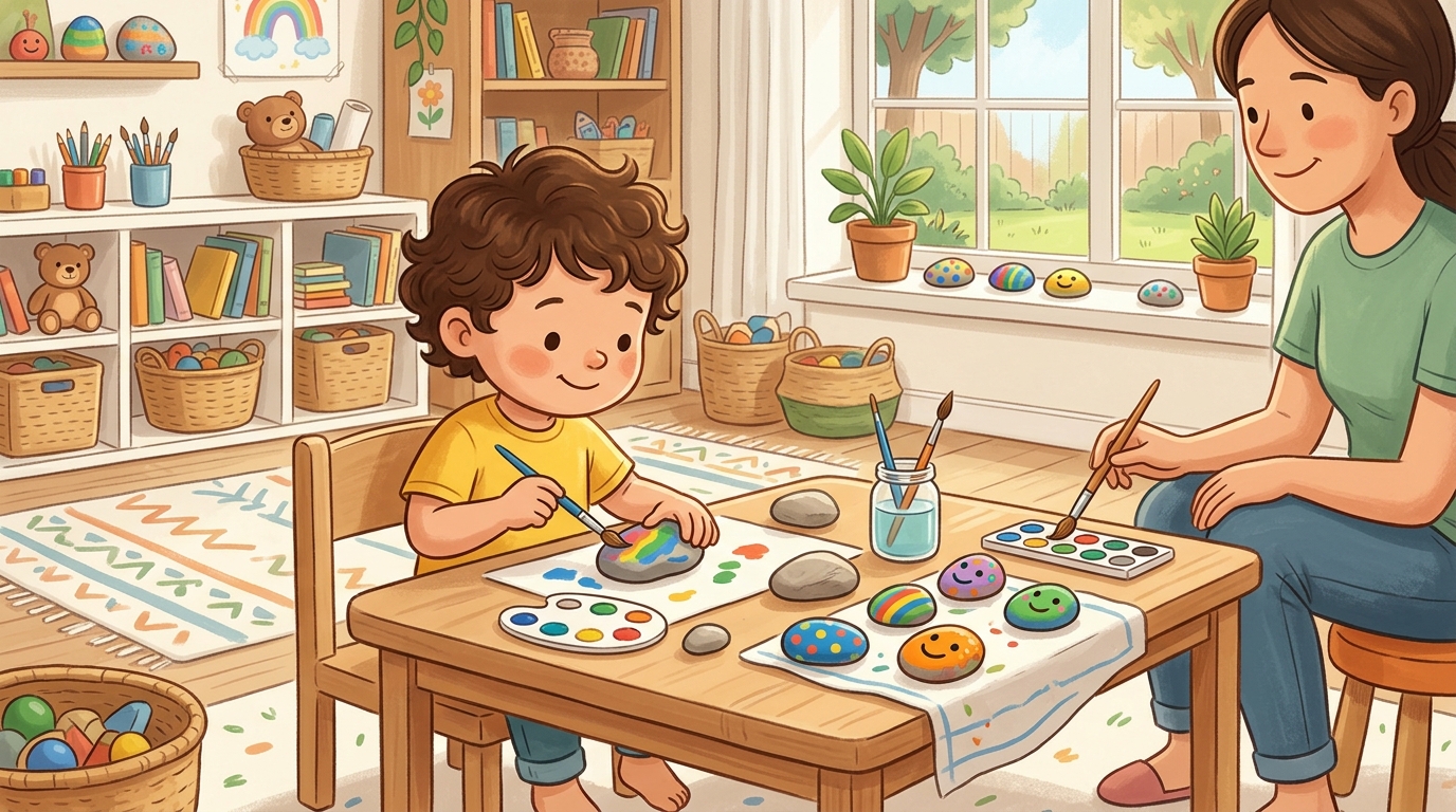 Cartoon illustration of a parent and child at home: find smooth rocks outside; bring inside; child paints them with washable paint.