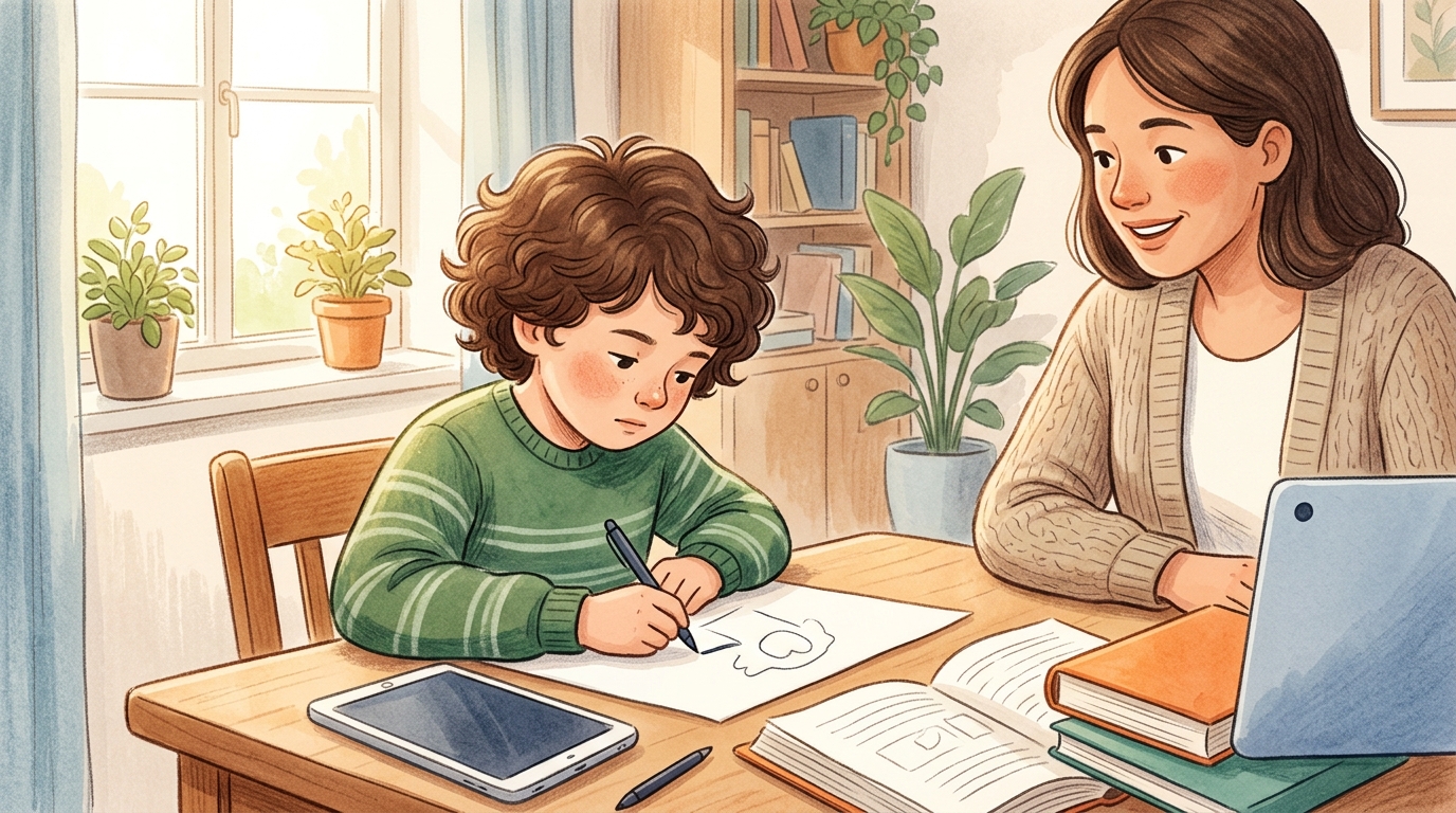 Cartoon illustration of a parent and child at home doing Write an Opinion Piece.