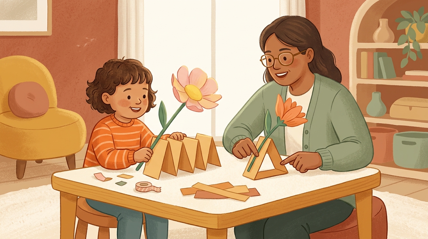 Cartoon illustration of a parent and child at home doing Make The Flower Stand.