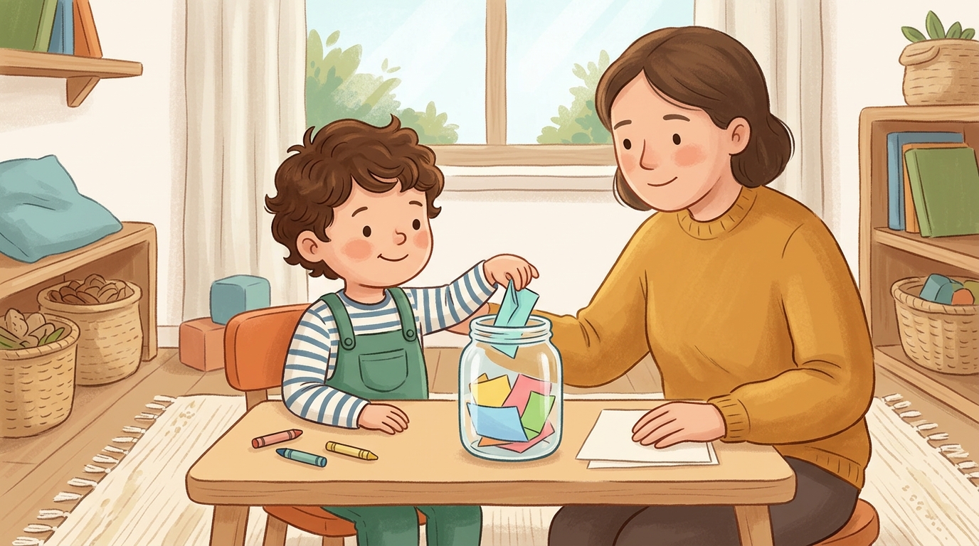 Cartoon illustration of a parent and child at home doing Memory Jar.