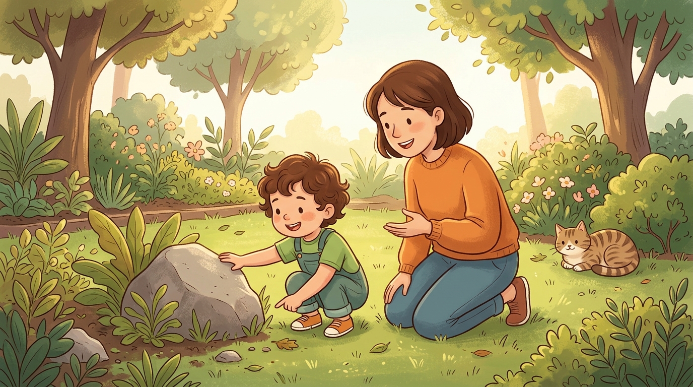 Cartoon illustration of a parent and child outdoors doing Outdoor Scavenger Hunt.