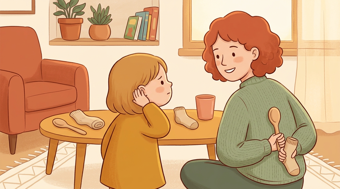 Cartoon illustration of a parent and child at home doing Mystery Sound Behind Back.