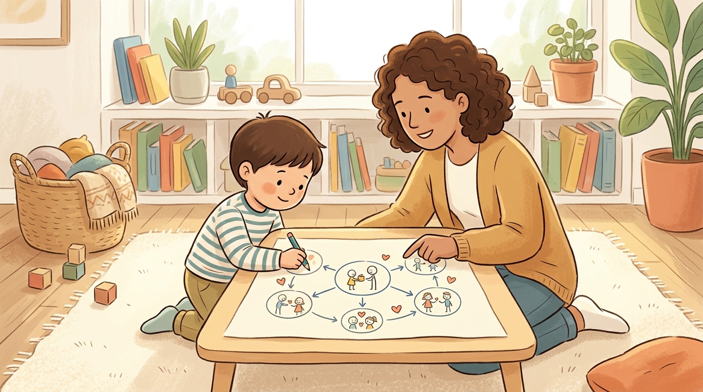 Cartoon illustration of a parent and child at home doing Kindness Ripple Map.