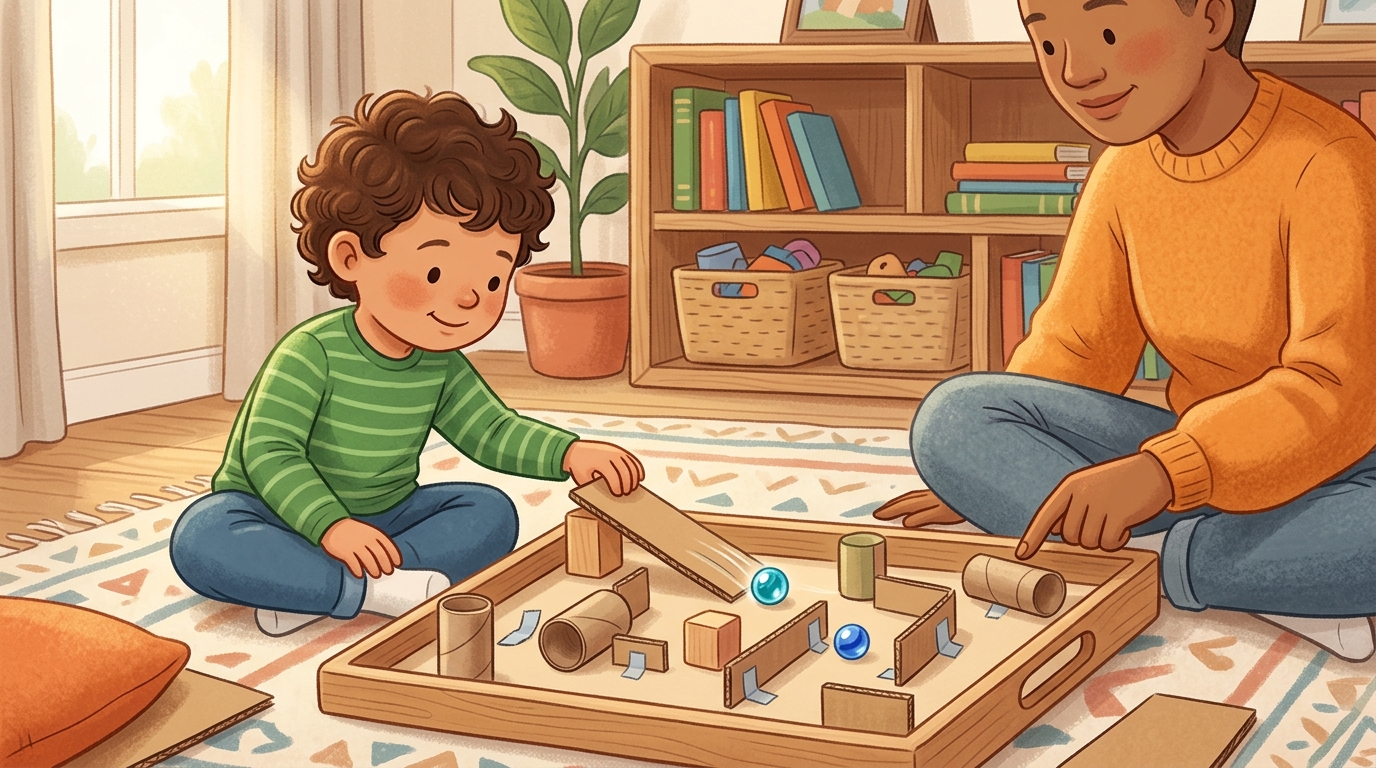Cartoon illustration of a parent and child at home doing Design a Marble Maze.