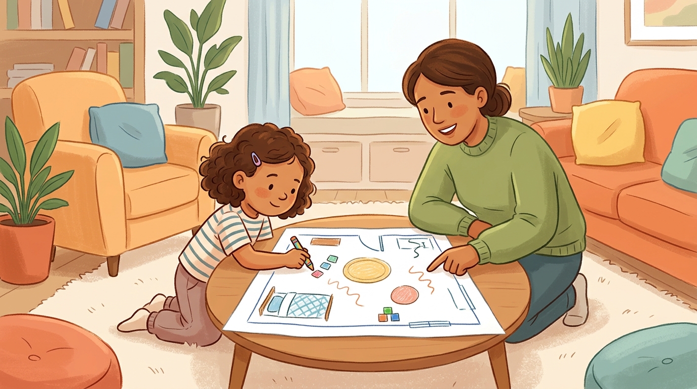 Cartoon illustration of a parent and child at home: child draws a bird's eye view map of their bedroom or the apartment.