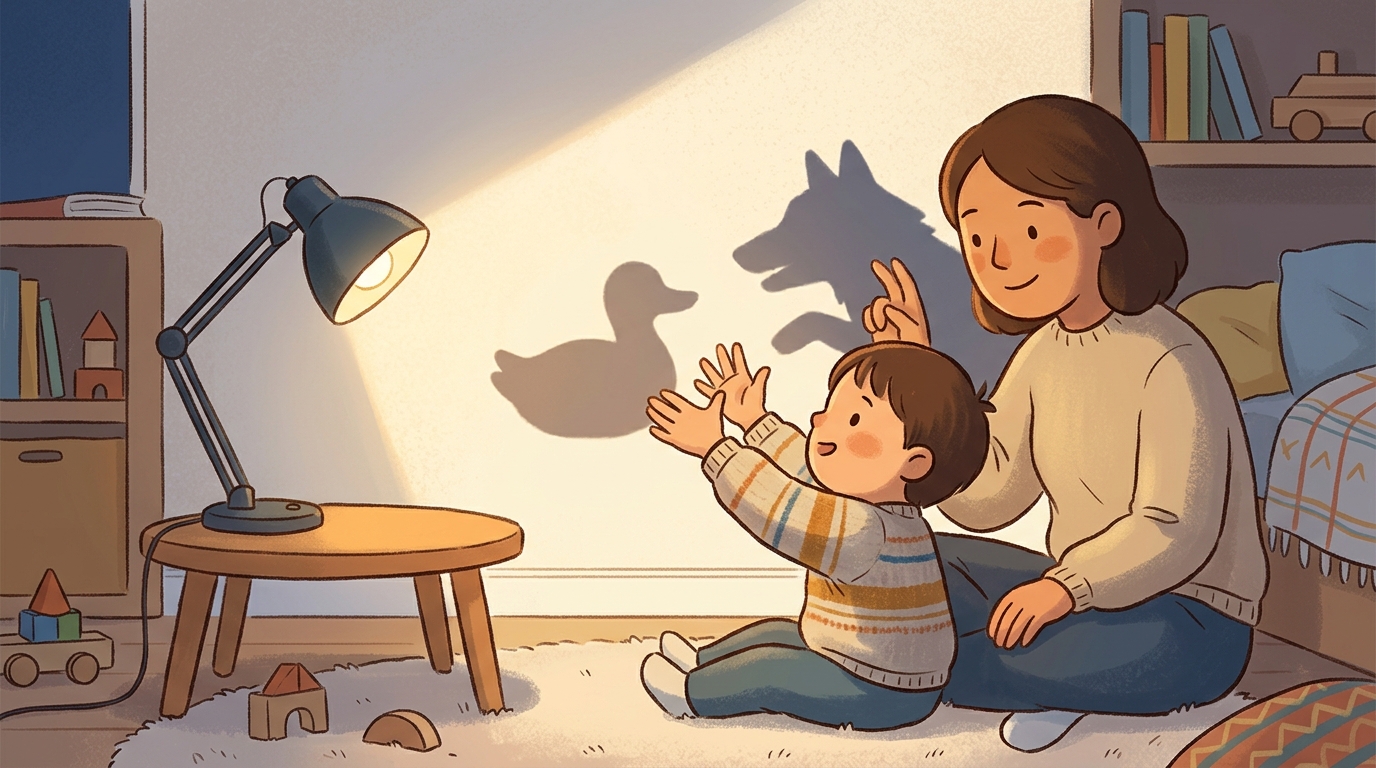 Cartoon illustration of a parent and child at home doing Hand Shadow Puppets.