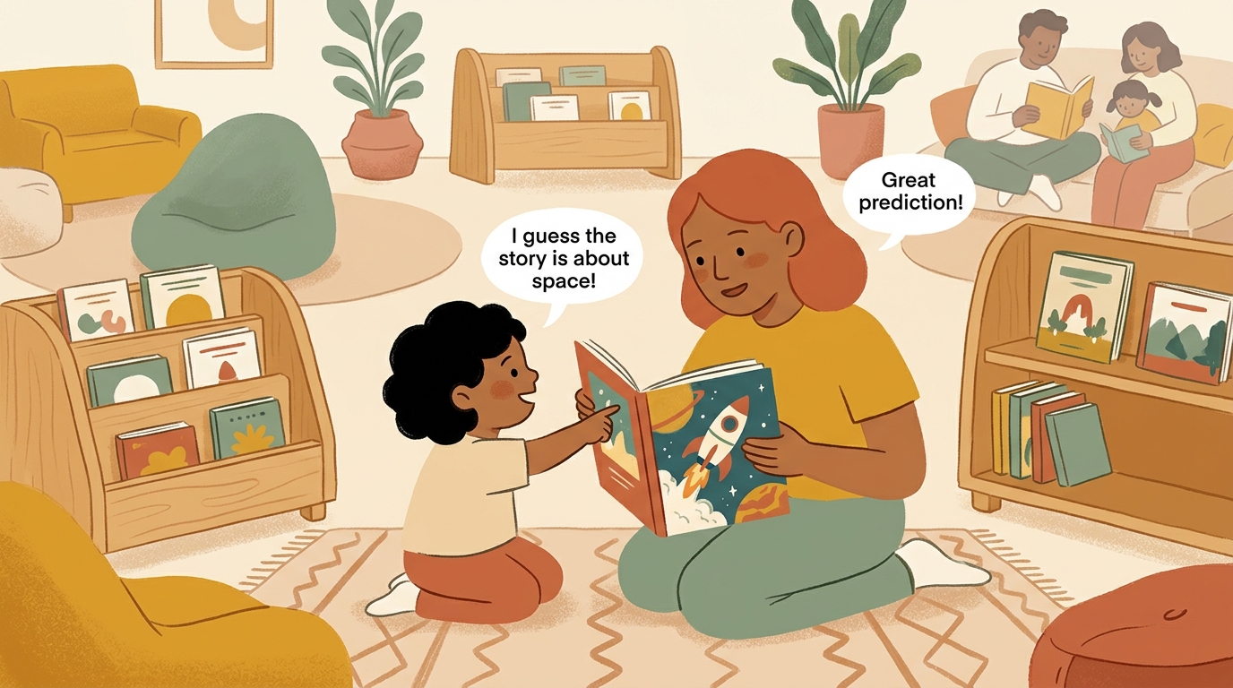Cartoon illustration of a parent and child at home doing Guess Before The Page.