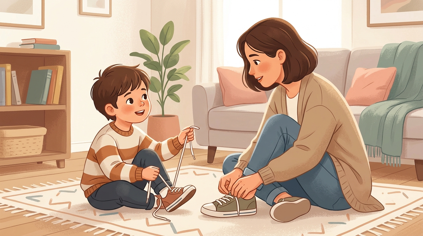 Cartoon illustration of a parent and child at home doing Teach Me a Skill.