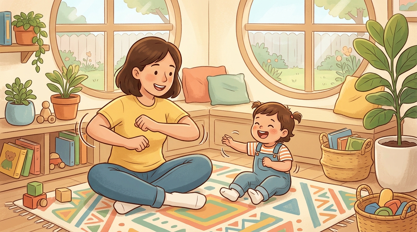 Cartoon illustration of a parent and child at home doing Action Songs and Rhymes.
