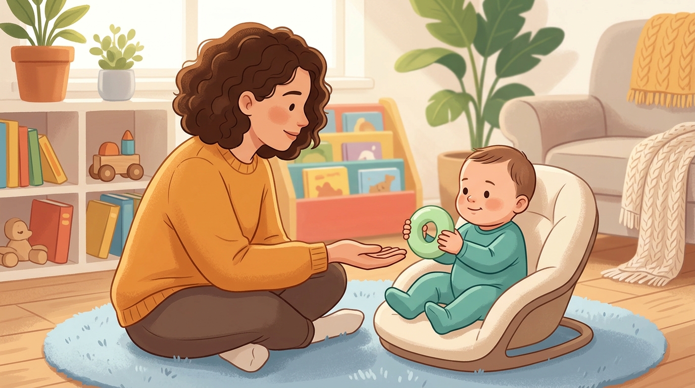Cartoon illustration of a parent and child at home doing First Passing Game.