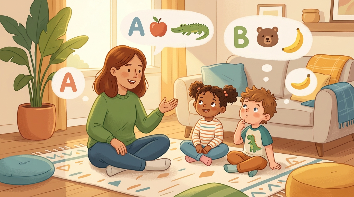 Cartoon illustration of a parent and child at home: players name something in a category for each letter of the alphabet in turn.
