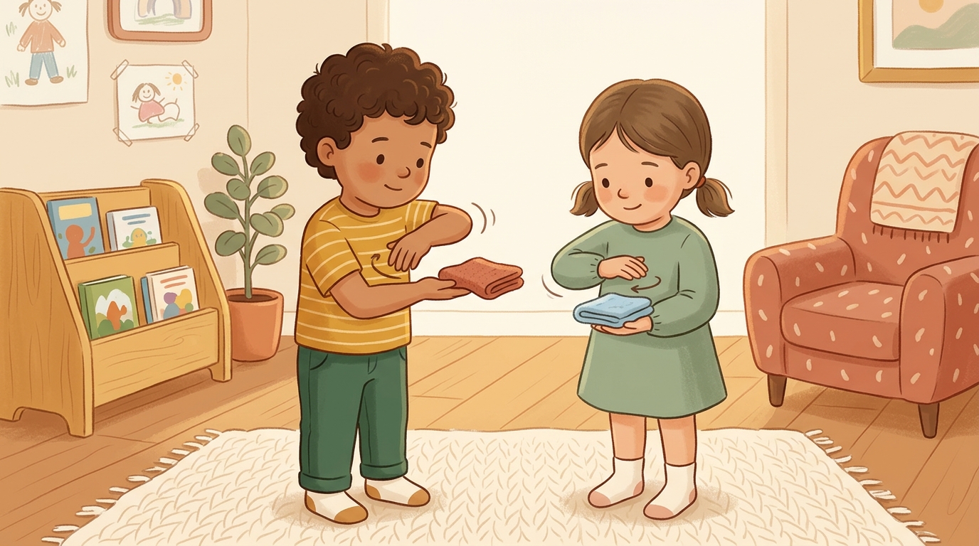 Cartoon illustration of a parent and child at home doing Keep The Cloth Balanced.