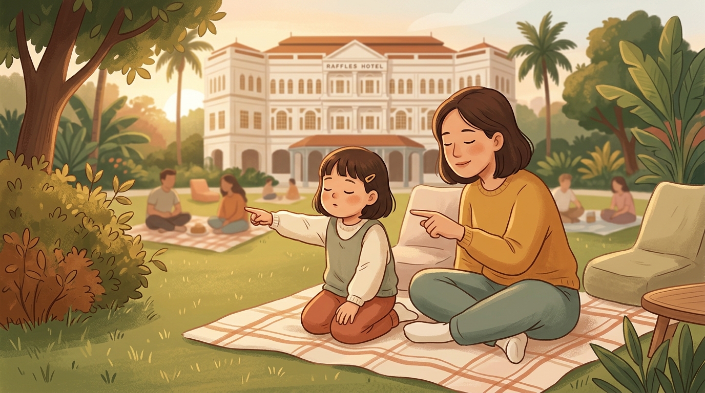 Cartoon illustration of a parent and child at home doing Before Music Sound Compass.