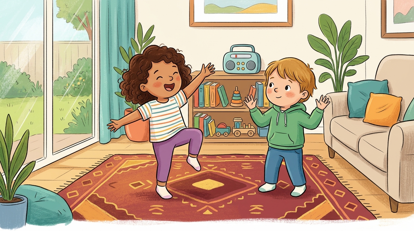 Cartoon illustration of a parent and child at home doing Musical Statues.