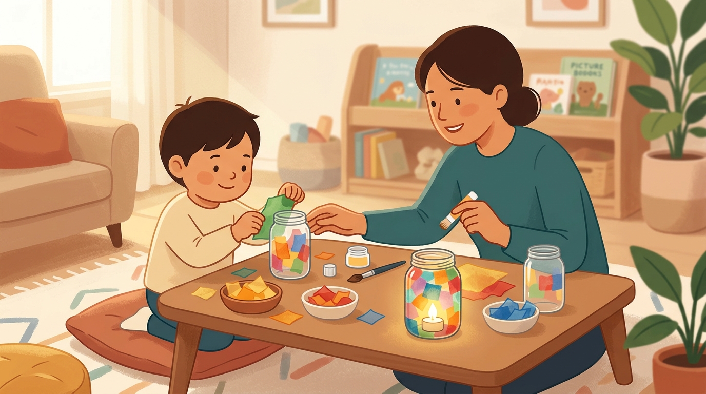 Cartoon illustration of a parent and child at home: make a simple lantern from a glass jar, tissue paper, and a battery tea light.