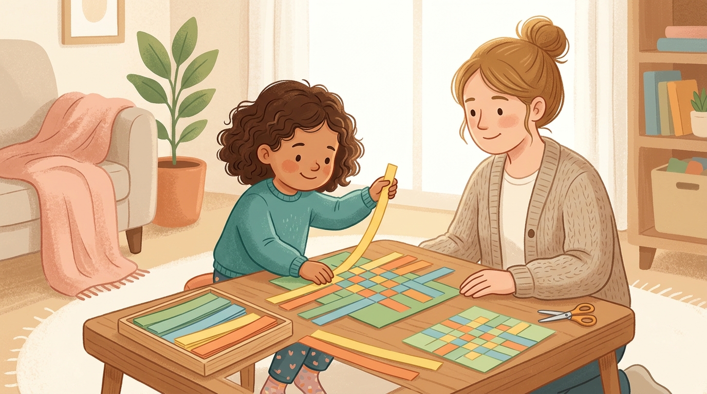 Cartoon illustration of a parent and child at home doing Paper Strip Weaving.